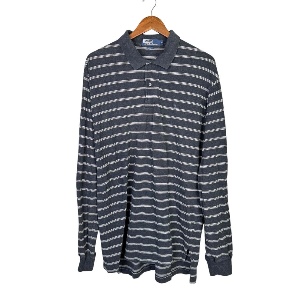 Polo by Ralph Lauren Men's Charcoal Gray Stripe Long Sleeve Polo Collared Shirt